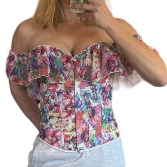 Women’s Corset top floral abstract multicolor ruffle lace-up new - Picture 4 of 9